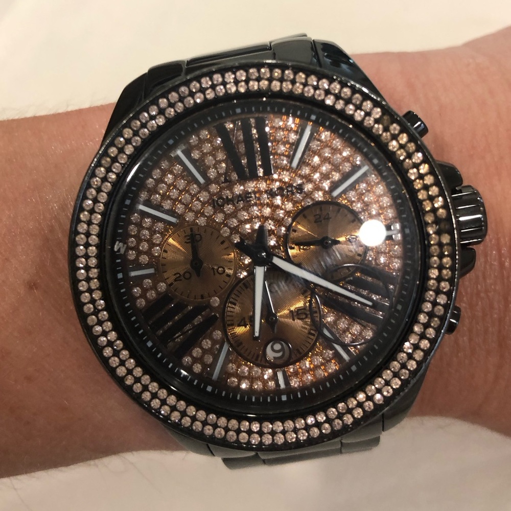 Black Michael Kors watch with rose gold diamonds